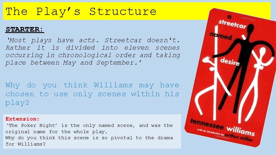 The Play’s Structure STARTER: ‘Most plays have acts. Streetcar doesn't. Rather it is divided