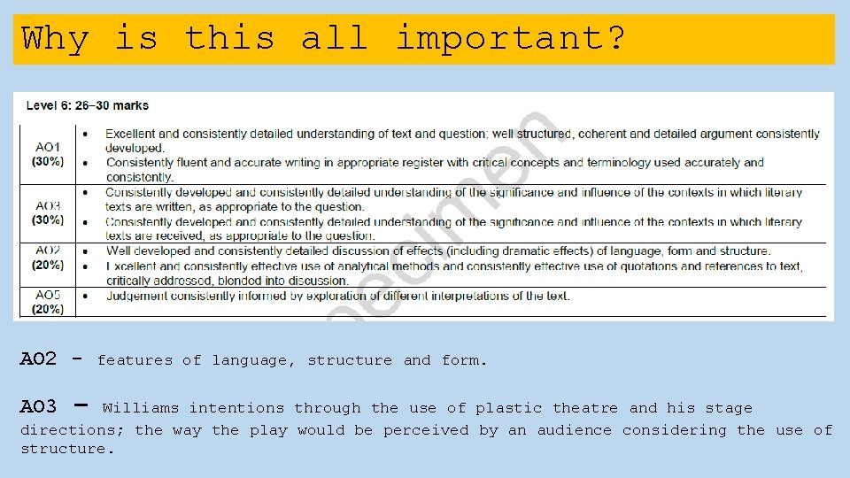 Why is this all important? AO 2 AO 3 – features of language, structure