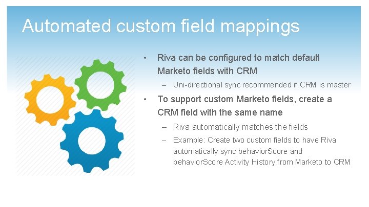Automated custom field mappings • Riva can be configured to match default Marketo fields