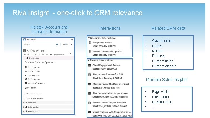 Riva Insight - one-click to CRM relevance Related Account and Contact Information Interactions Related