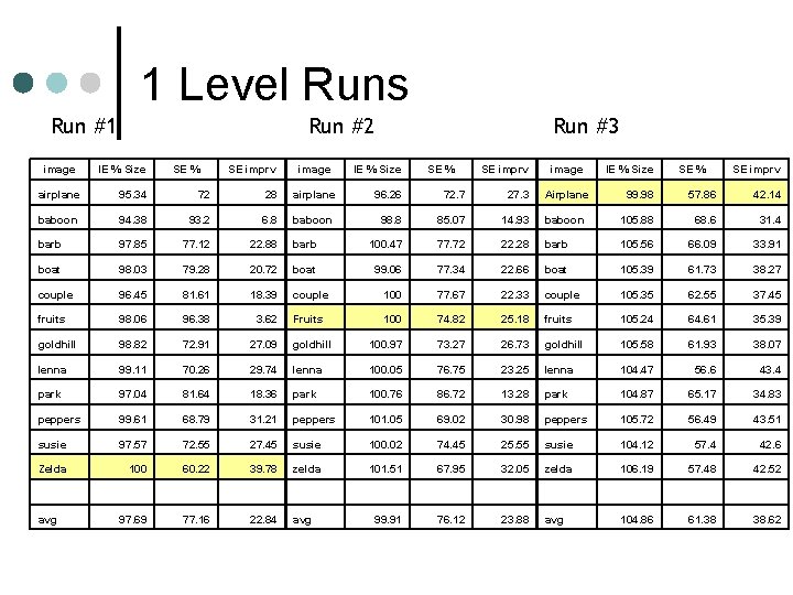 1 Level Runs Run #1 image Run #2 IE % Size SE % SE