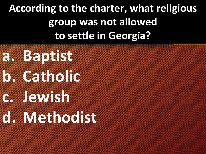 According to the charter, what religious group was not allowed to settle in Georgia?