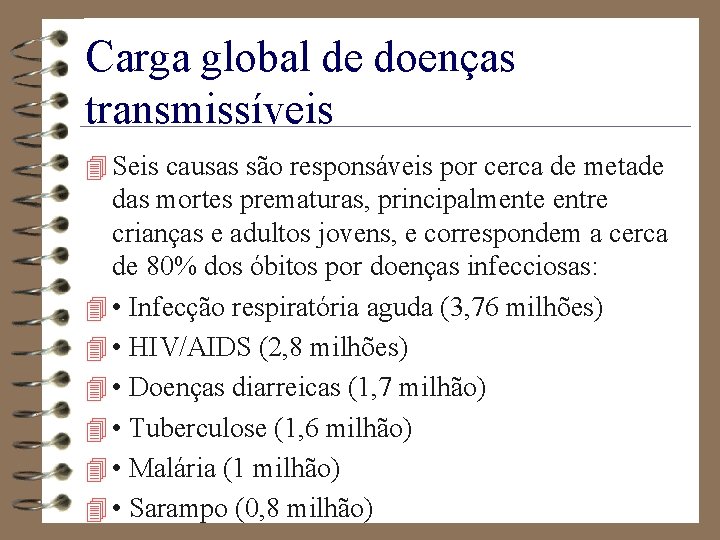 Carga global de doenças transmissíveis 4 Seis causas são responsáveis por cerca de metade