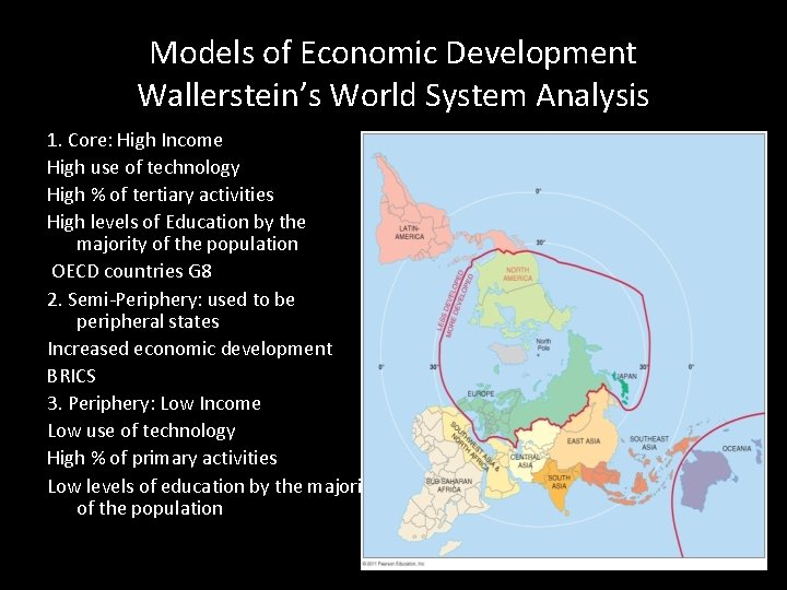 Models of Economic Development Wallerstein’s World System Analysis 1. Core: High Income High use