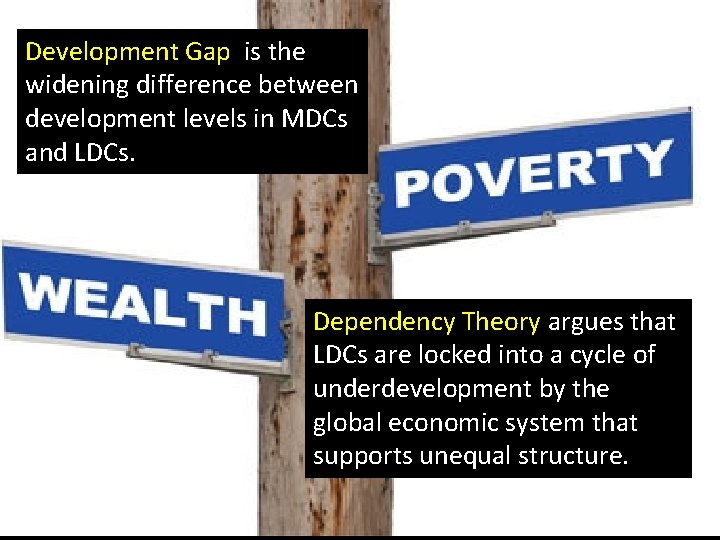 Development Gap is the widening difference between development levels in MDCs and LDCs. Dependency