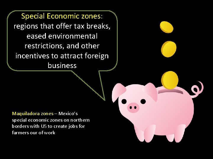 Special Economic zones: regions that offer tax breaks, eased environmental restrictions, and other incentives