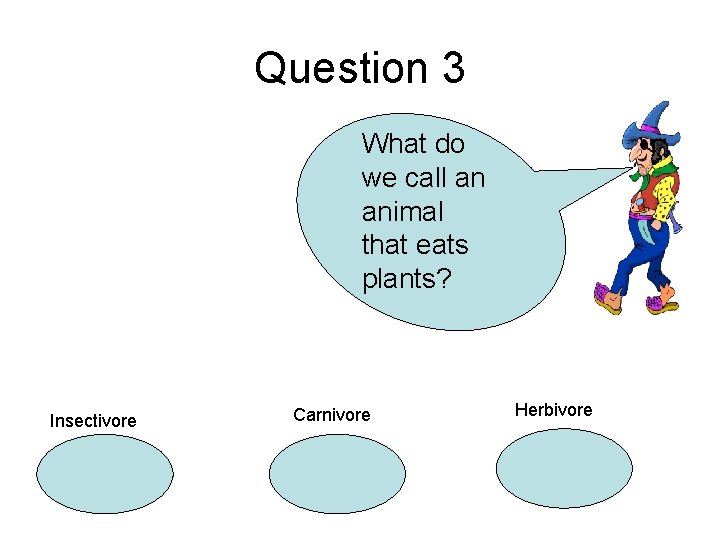 Question 3 What do we call an animal that eats plants? Insectivore Carnivore Herbivore