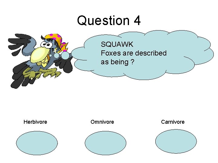 Question 4 SQUAWK Foxes are described as being ? Herbivore Omnivore Carnivore 