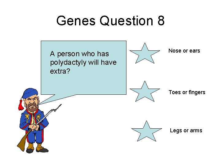 Genes Question 8 A person who has polydactyly will have extra? Nose or ears