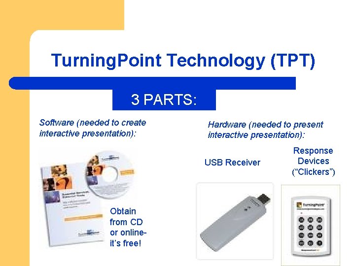 Turning. Point Technology (TPT) 3 PARTS: Software (needed to create interactive presentation): Hardware (needed