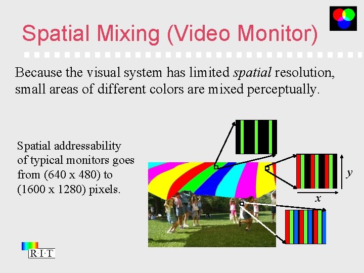 Spatial Mixing (Video Monitor) Because the visual system has limited spatial resolution, small areas