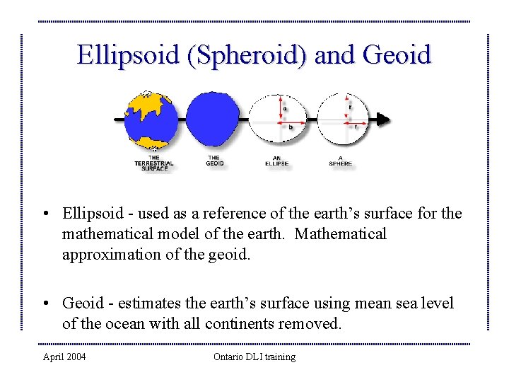 Ellipsoid (Spheroid) and Geoid • Ellipsoid - used as a reference of the earth’s