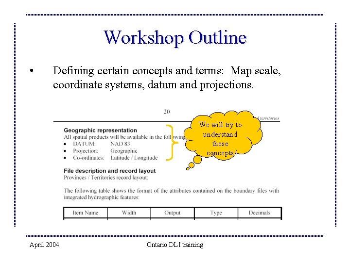 Workshop Outline • Defining certain concepts and terms: Map scale, coordinate systems, datum and