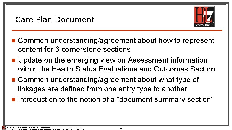 Care Plan Document Common understanding/agreement about how to represent content for 3 cornerstone sections