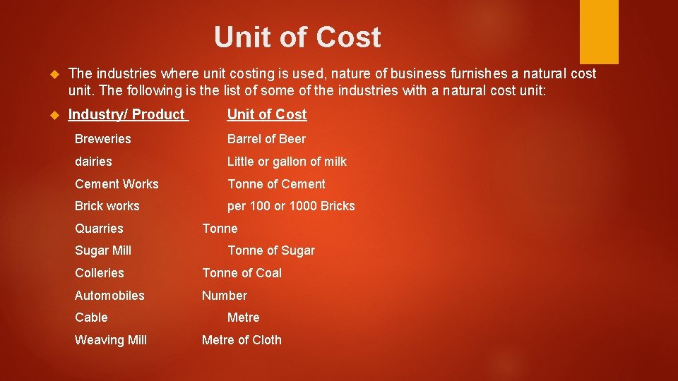 Unit of Cost The industries where unit costing is used, nature of business furnishes