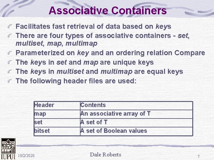 Associative Containers Facilitates fast retrieval of data based on keys There are four types