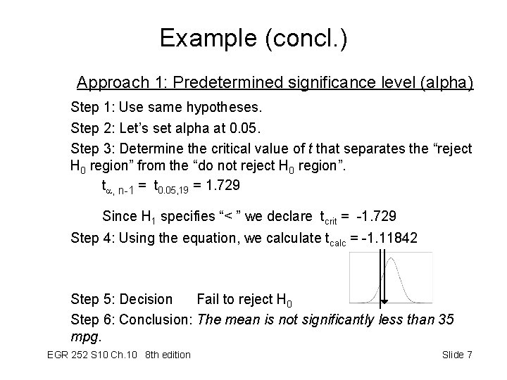 Example (concl. ) Approach 1: Predetermined significance level (alpha) Step 1: Use same hypotheses. Example (concl. ) Approach 1: Predetermined significance level (alpha) Step 1: Use same hypotheses.