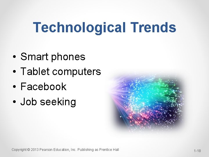 Technological Trends • • Smart phones Tablet computers Facebook Job seeking Copyright © 2013