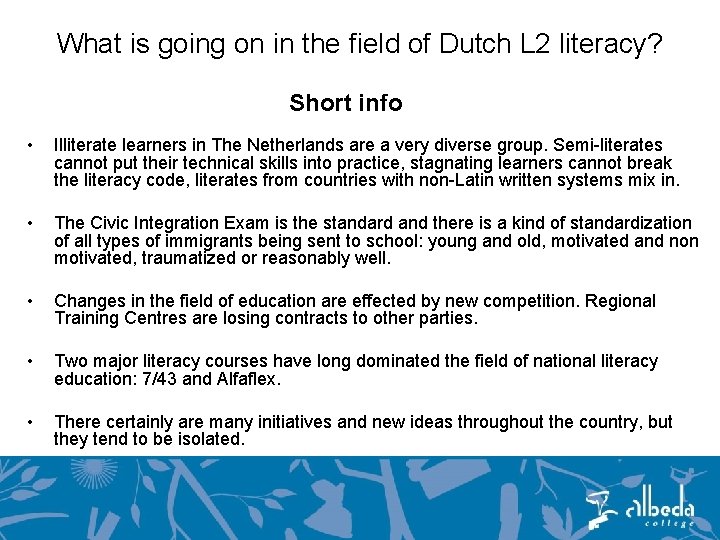 What is going on in the field of Dutch L 2 literacy? Short info