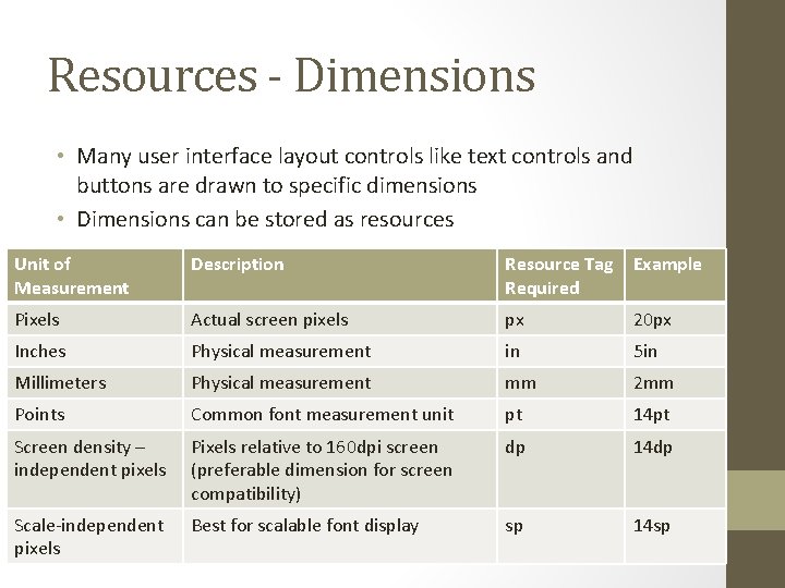 Resources - Dimensions • Many user interface layout controls like text controls and buttons