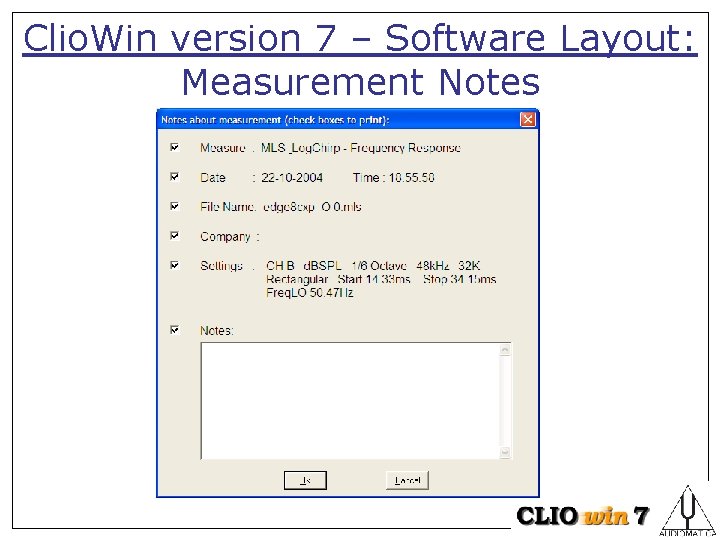 Clio. Win version 7 – Software Layout: Measurement Notes 