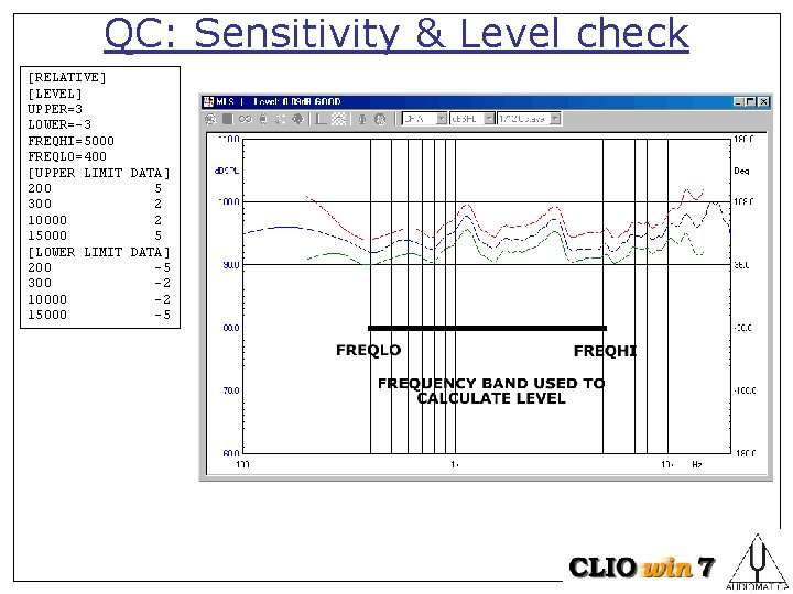 QC: Sensitivity & Level check [RELATIVE] [LEVEL] UPPER=3 LOWER=-3 FREQHI=5000 FREQLO=400 [UPPER LIMIT DATA]