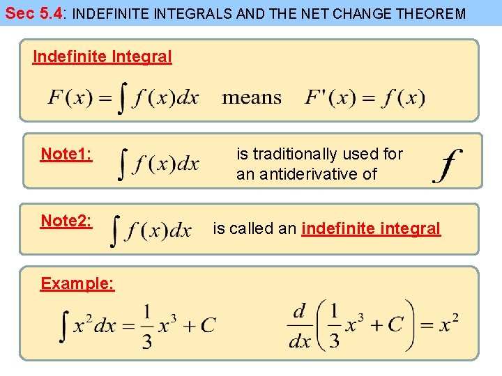 Sec 5. 4: INDEFINITE INTEGRALS AND THE NET CHANGE THEOREM Indefinite Integral Note 1: