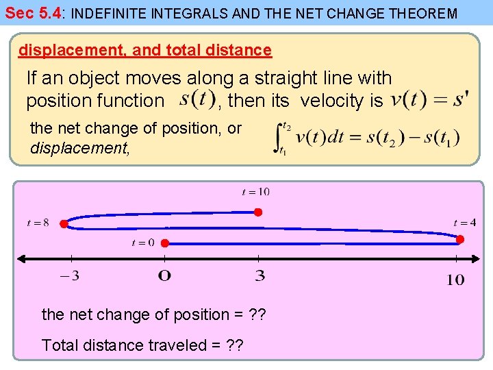 Sec 5. 4: INDEFINITE INTEGRALS AND THE NET CHANGE THEOREM displacement, and total distance