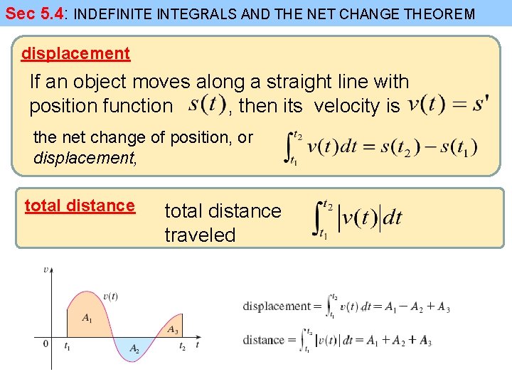 Sec 5. 4: INDEFINITE INTEGRALS AND THE NET CHANGE THEOREM displacement If an object