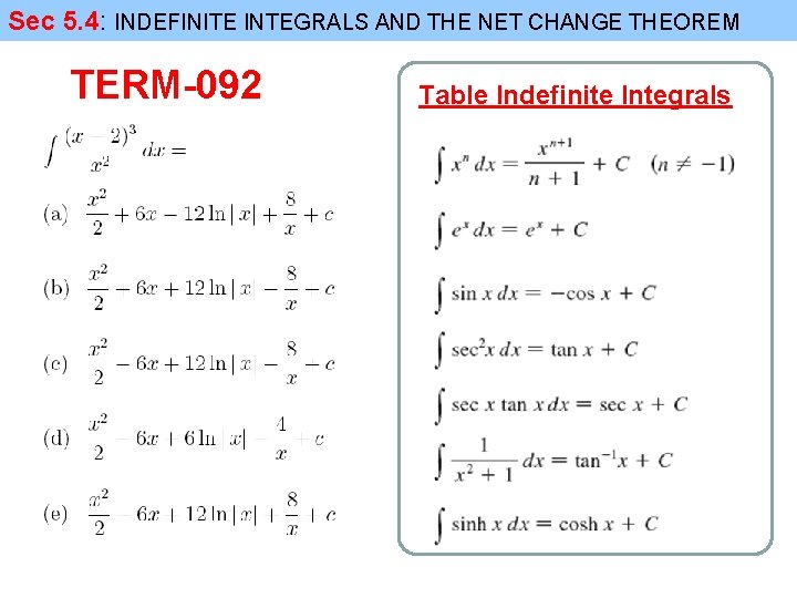 Sec 5. 4: INDEFINITE INTEGRALS AND THE NET CHANGE THEOREM TERM-092 Table Indefinite Integrals