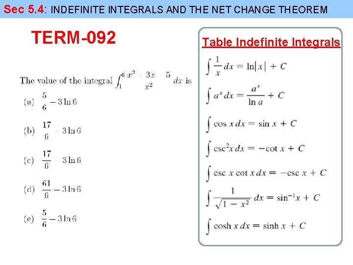 Sec 5. 4: INDEFINITE INTEGRALS AND THE NET CHANGE THEOREM TERM-092 Table Indefinite Integrals