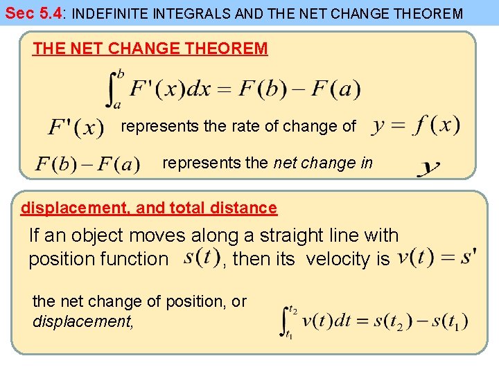 Sec 5. 4: INDEFINITE INTEGRALS AND THE NET CHANGE THEOREM represents the rate of