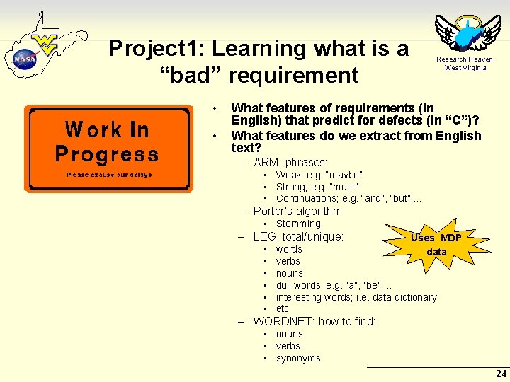 Project 1: Learning what is a “bad” requirement • • Research Heaven, West Virginia