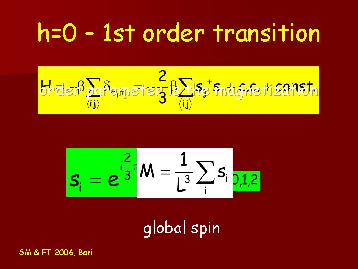 h=0 – 1 st order transition order parameter is the magnetization global spin SM h=0 – 1 st order transition order parameter is the magnetization global spin SM