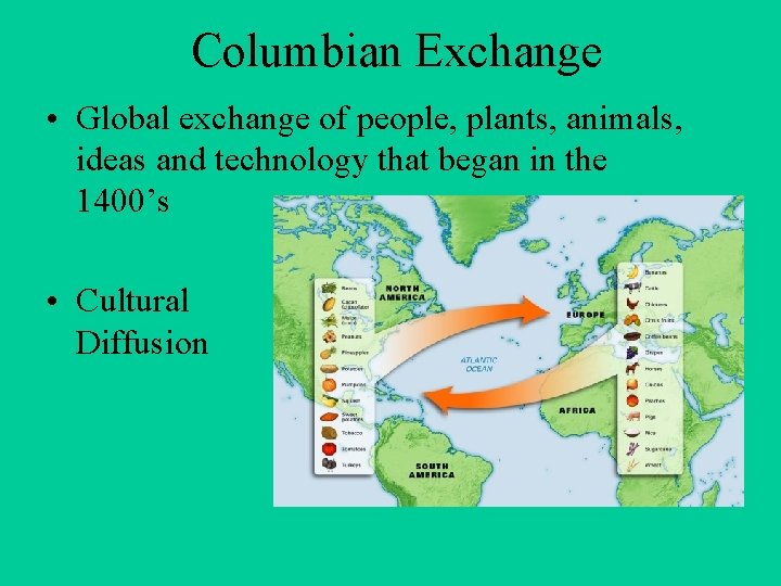 Columbian Exchange • Global exchange of people, plants, animals, ideas and technology that began