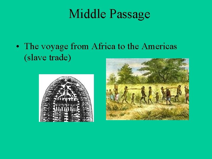 Middle Passage • The voyage from Africa to the Americas (slave trade) 