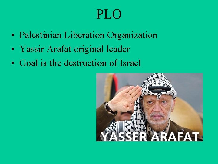 PLO • Palestinian Liberation Organization • Yassir Arafat original leader • Goal is the