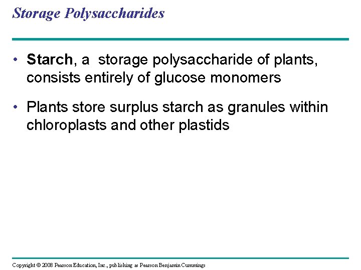 Storage Polysaccharides • Starch, a storage polysaccharide of plants, consists entirely of glucose monomers