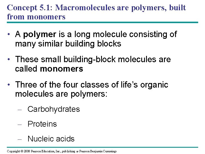 Concept 5. 1: Macromolecules are polymers, built from monomers • A polymer is a