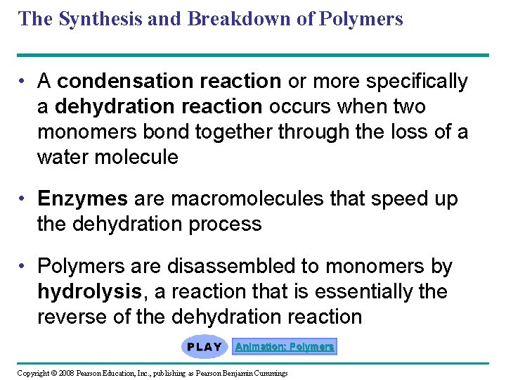 The Synthesis and Breakdown of Polymers • A condensation reaction or more specifically a