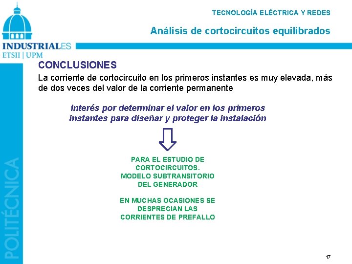 TECNOLOGÍA ELÉCTRICA Y REDES Análisis de cortocircuitos equilibrados CONCLUSIONES La corriente de cortocircuito en