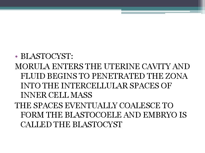  • BLASTOCYST: MORULA ENTERS THE UTERINE CAVITY AND FLUID BEGINS TO PENETRATED THE