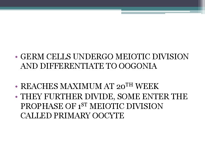 • GERM CELLS UNDERGO MEIOTIC DIVISION AND DIFFERENTIATE TO OOGONIA • REACHES MAXIMUM