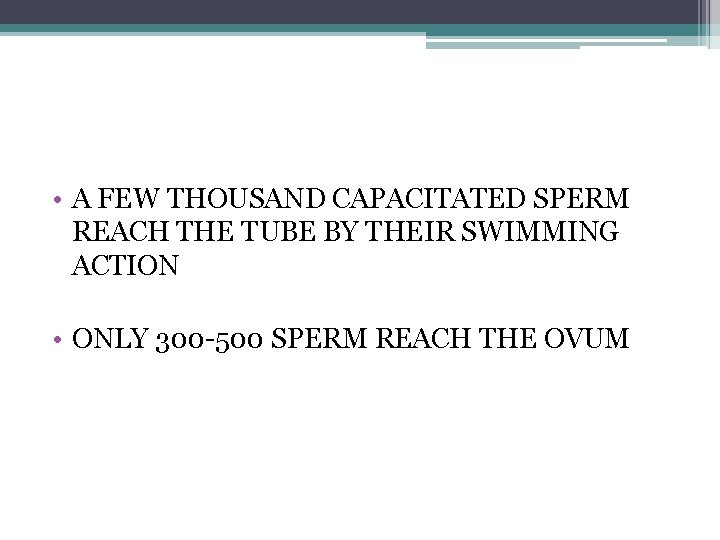  • A FEW THOUSAND CAPACITATED SPERM REACH THE TUBE BY THEIR SWIMMING ACTION