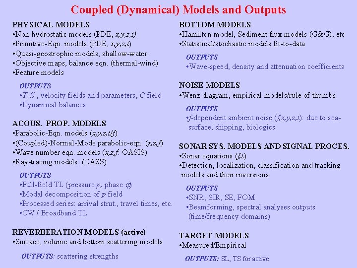 Coupled (Dynamical) Models and Outputs PHYSICAL MODELS • Non-hydrostatic models (PDE, x, y, z,