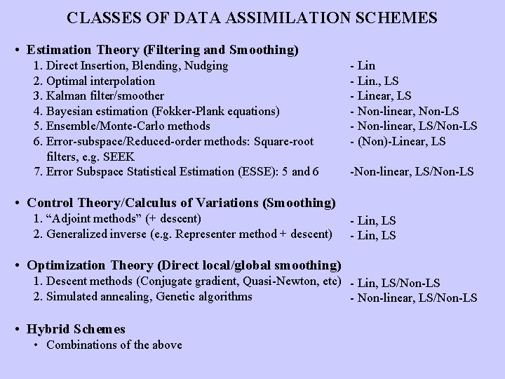 CLASSES OF DATA ASSIMILATION SCHEMES • Estimation Theory (Filtering and Smoothing) 1. Direct Insertion,