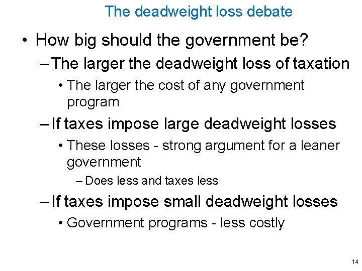 The deadweight loss debate • How big should the government be? – The larger