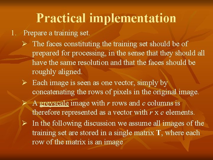 Practical implementation 1. Prepare a training set. Ø The faces constituting the training set