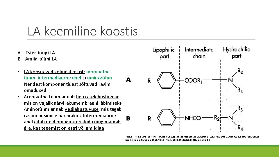 LA keemiline koostis A. Ester-tüüpi LA B. Amiid-tüüpi LA • LA koosnevad kolmest osast: