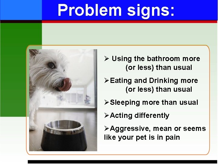Problem signs: Ø Using the bathroom more (or less) than usual ØEating and Drinking